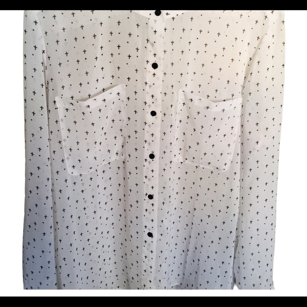 TWIK by Simons Dainty Cross Print Button Down Collarless Blouse Ivory Large - Picture 8 of 12